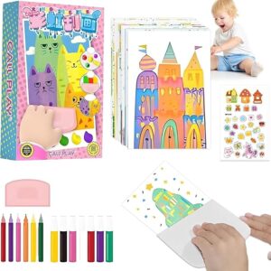 Squeegee Art Kids Paint Kit – 35 PCS Rainbow Scratch & Dot Painting Set with 20 Sheets Paper, 7 Paints, 6 Watercolor Pens, Stickers & Squeegee – Creative Craft Kit for Boys & Girls Ages 4-12